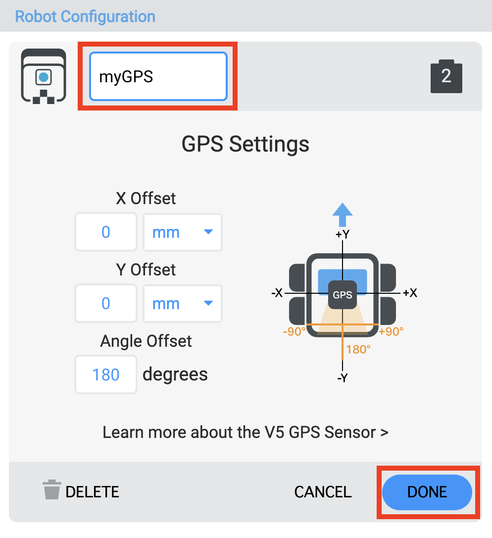 Zrzut ekranu przedstawiający procedurę zmiany nazw ustawień GPS w programie V5 Robot Config, w tym podświetlone opcje i elementy interfejsu ułatwiające użytkownikowi poruszanie się po systemie.