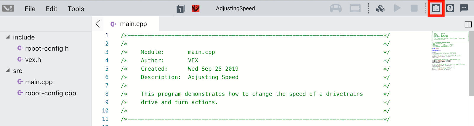 Captura de tela da janela Configuração do robô no software VEX V5, exibindo várias configurações e opções para configurar os componentes e o comportamento de um robô.