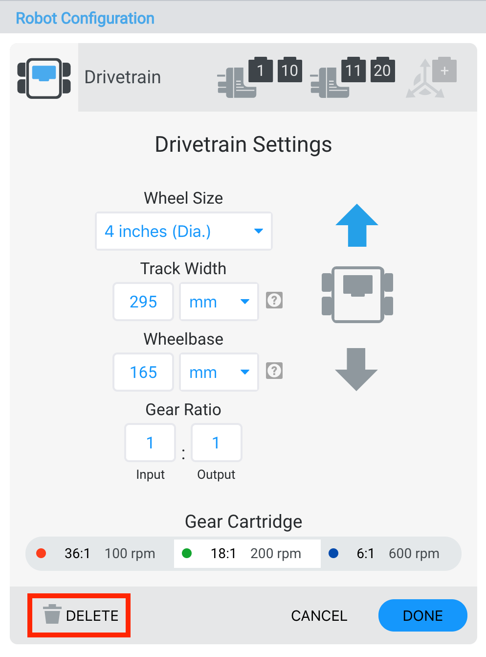 Captura de tela da interface de configuração do robô VEX V5 mostrando as configurações do sistema de transmissão com uma opção para excluir configurações selecionadas.