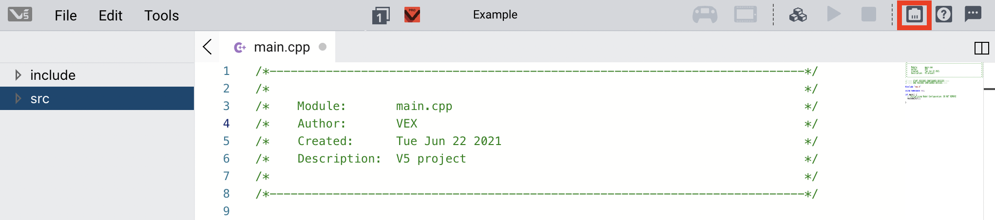 Icône représentant le menu des appareils pour la configuration du robot V5, illustrant les options de gestion et de sélection des appareils au sein du système robotique VEX V5.