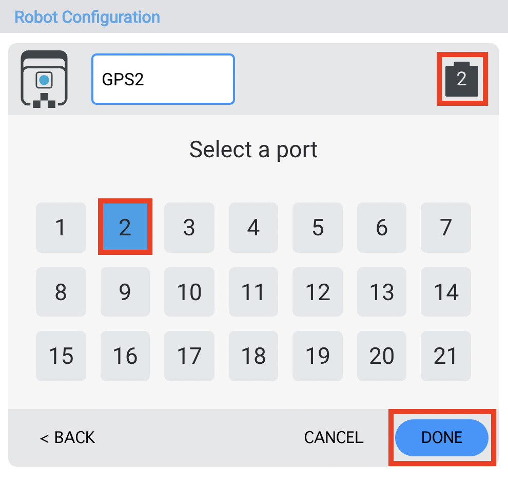 Diagrama, rodanti roboto konfigūraciją su pažymėtais prievadais, iliustruojanti roboto sąrankos pakeitimus V5 kategorijos aprašyme, esančiame skyriuje Robot Config.