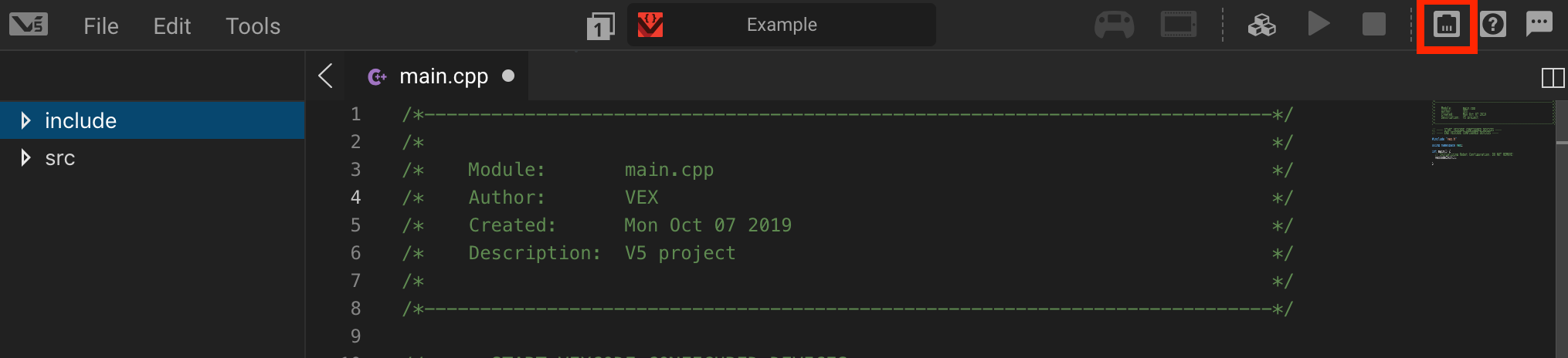V5 үшін робот конфигурациясын суреттейтін диаграмма, роботтың орнатылуы мен функционалдығын түсінуге көмектесу үшін қозғалтқыштарды, сенсорларды және құрылымдық элементтерді қоса алғанда, әртүрлі компоненттер мен олардың орналасуын көрсетеді.