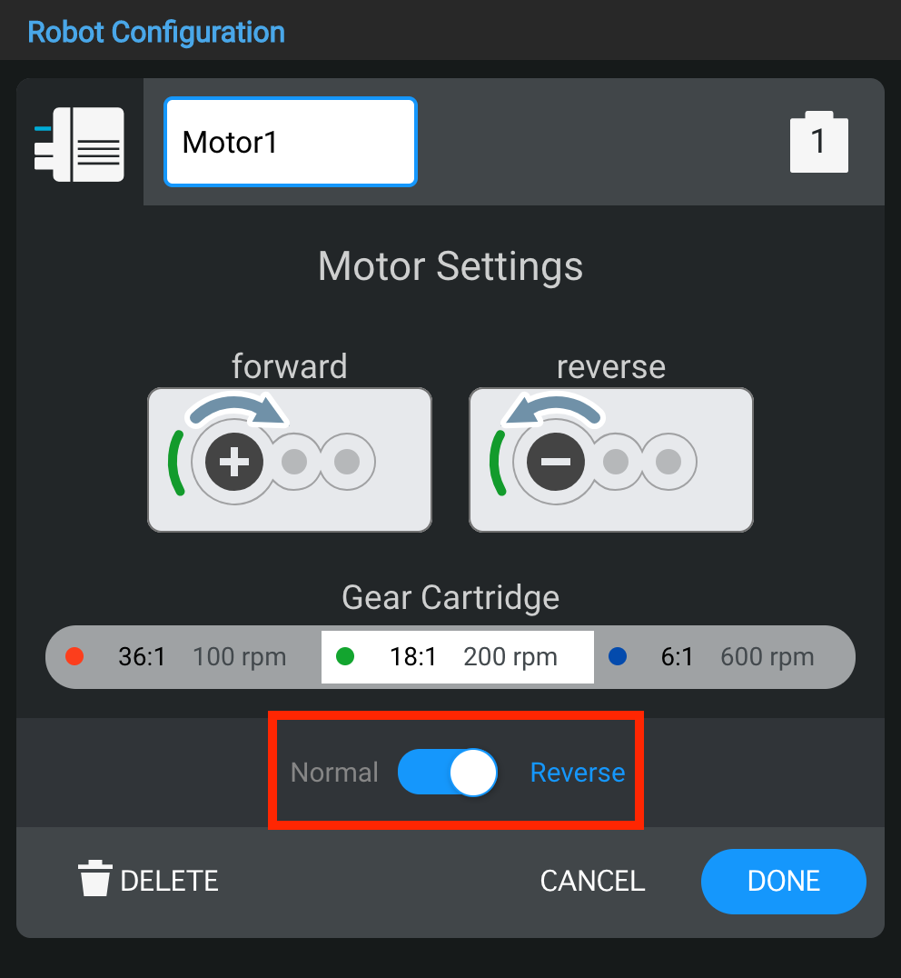 Diagramma che illustra le opzioni di configurazione per i componenti del robot V5, inclusi motori, sensori ed elementi strutturali, come parte della descrizione della categoria V5 nella sezione Configurazione robot.