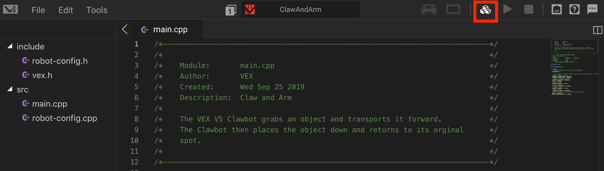 Captura de pantalla de una interfaz de tutorial de categoría V5, que muestra varias opciones y configuraciones relacionadas con la programación de VEX Robotics, con funciones destacadas para la orientación del usuario.
