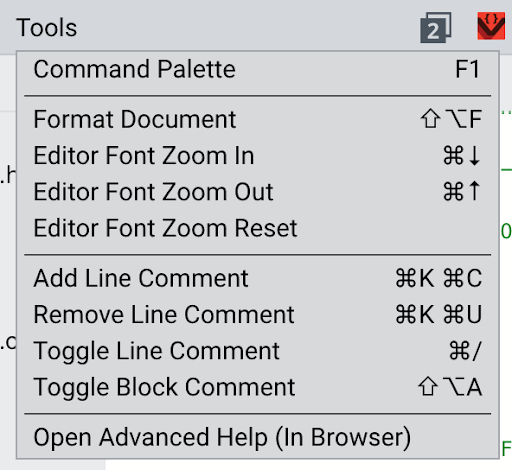 Schermafbeelding van het menu Extra in de VEX V5-software. Hier worden verschillende gereedschapsopties en functies weergegeven die gebruikers kunnen gebruiken in tutorials.