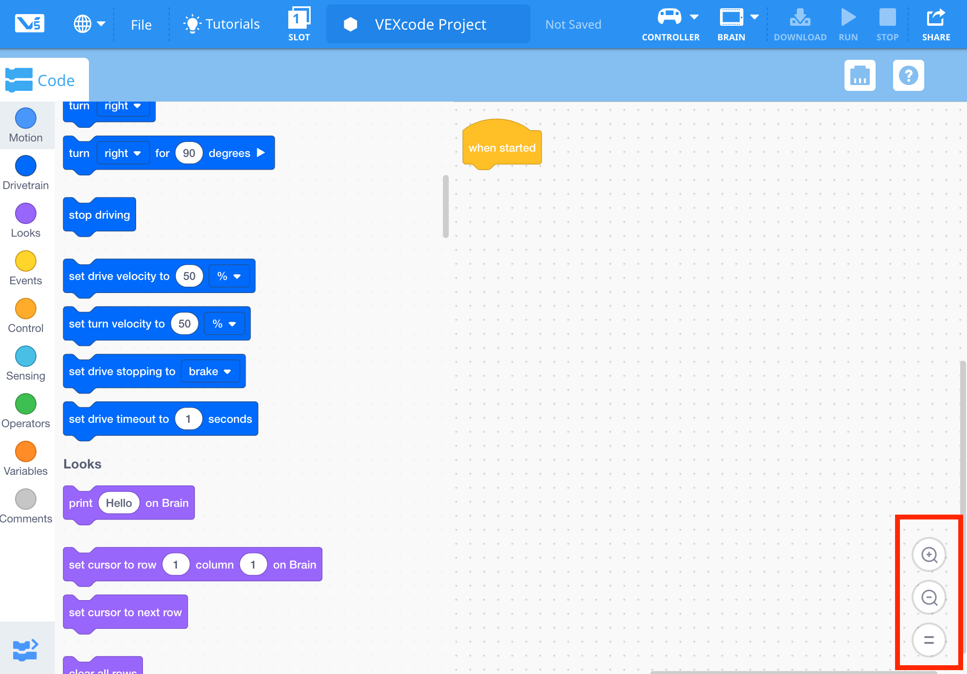 Capture d'écran d'une interface de didacticiel V5 Blocks, présentant divers blocs de programmation et leur disposition pour la programmation robotique, illustrant les fonctionnalités et la disposition de l'environnement logiciel V5.