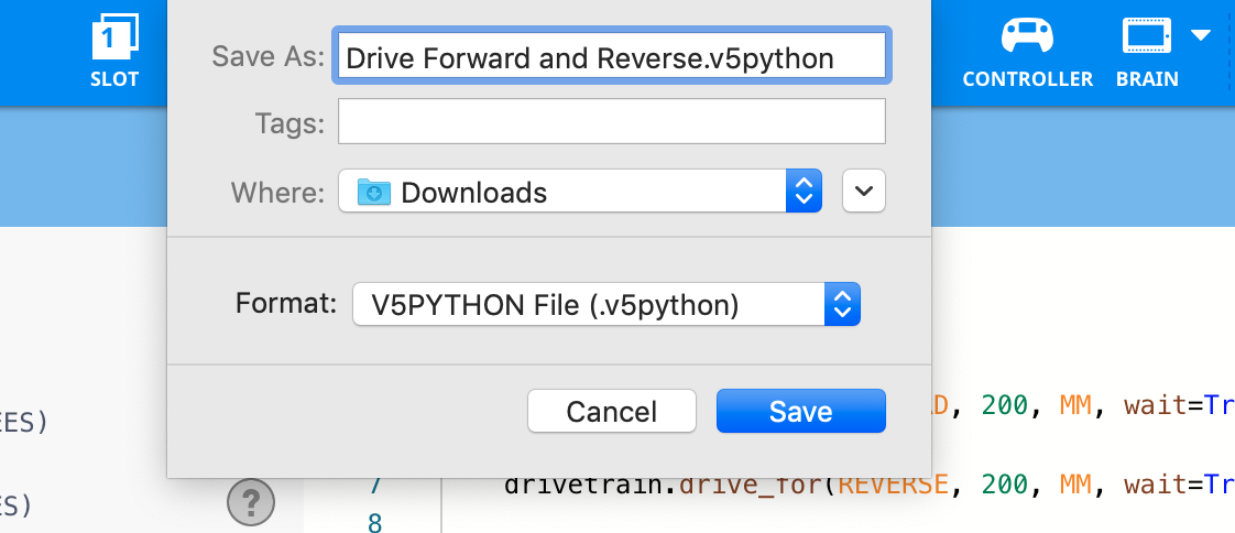 Capture d'écran de la fenêtre « Enregistrer » dans l'environnement de programmation Python, illustrant les options d'enregistrement de fichiers, pertinentes pour les didacticiels V5 Blocks.