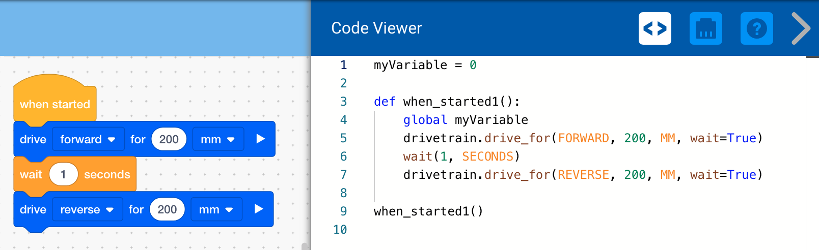 Botón Code Viewer para V5 Blocks Tutorials, con un icono estilizado que representa la visualización de código, diseñado para ayudar a los usuarios a acceder y comprender los elementos de codificación en la plataforma VEX Robotics.