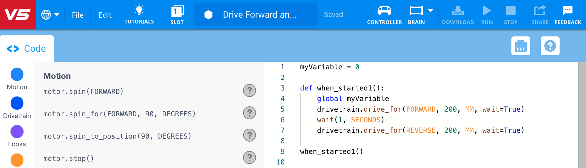 Capture d'écran d'un didacticiel de programmation VEX V5, présentant divers blocs et leurs descriptions, illustrant comment utiliser efficacement l'interface de programmation.