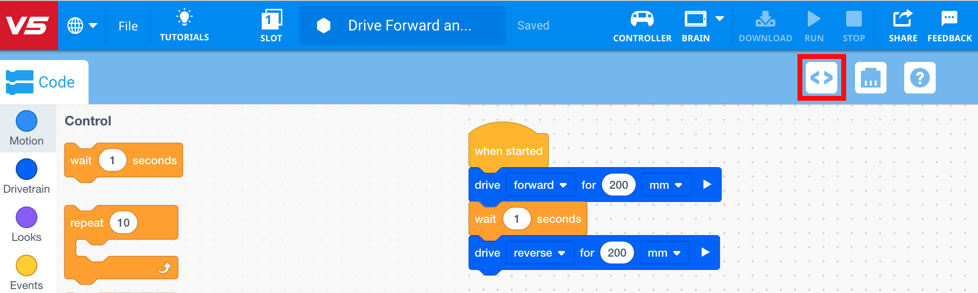 Botón Visor de código para tutoriales de bloques V5, que presenta un ícono estilizado que representa la visualización del código, diseñado para ayudar a los usuarios a acceder y comprender los elementos de codificación en la plataforma VEX Robotics.