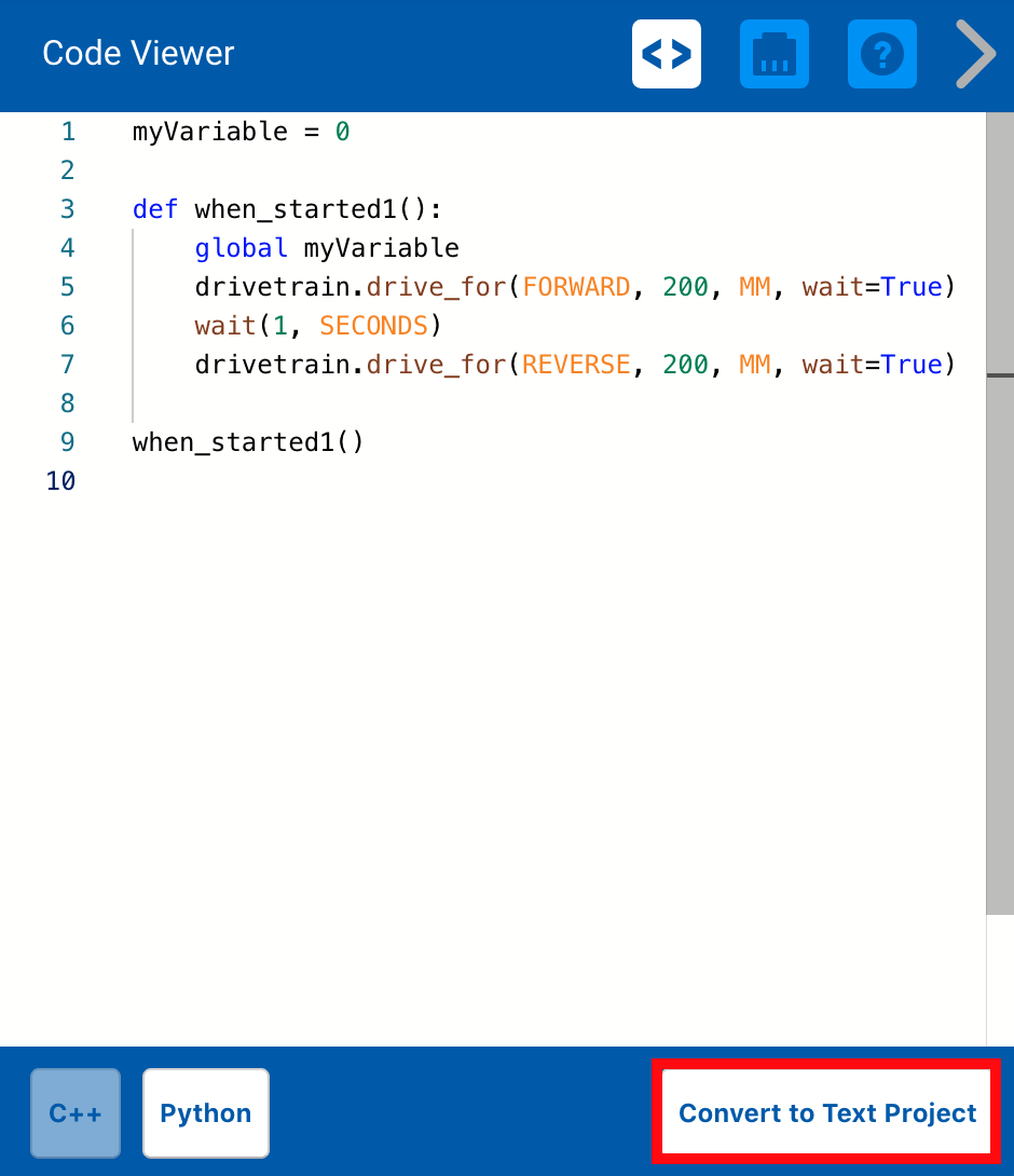 VEXcode V5 の「テキストに変換」プロジェクト インターフェースのスクリーンショット。プログラミング チュートリアルでテキスト変換に使用されるブロックを示しています。