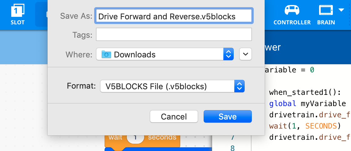 Programmatūras VEX V5 loga "Saglabāt" ekrānuzņēmums, kurā parādītas projektu saglabāšanas iespējas. Šis attēls ir daļa no sadaļas Blocks Tutorials, kas ilustrē darbu saglabāšanas procesu V5 programmēšanas vidē.