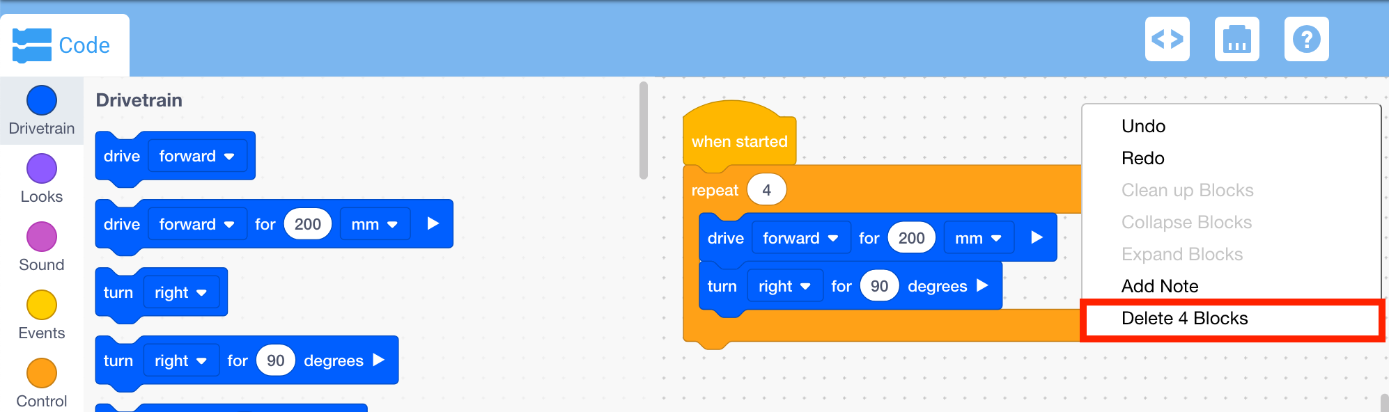 Schermafbeelding van een VEX V5 Blocks-programmeerinterface, met verschillende programmeerblokken en opties voor het maken van een robotbesturingsprogramma, relevant voor het gedeelte Blocks Tutorials.