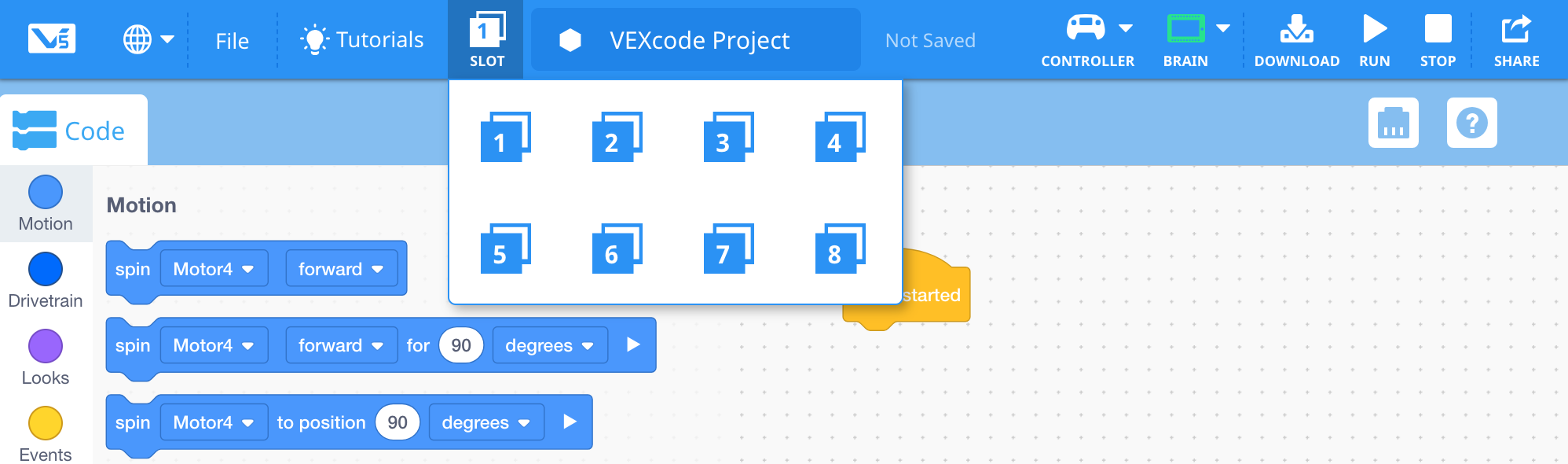 Screenshot eines VEX V5 Blocks-Tutorials, das verschiedene Programmierblöcke und ihre Funktionen in einer visuellen Programmierumgebung zeigt.