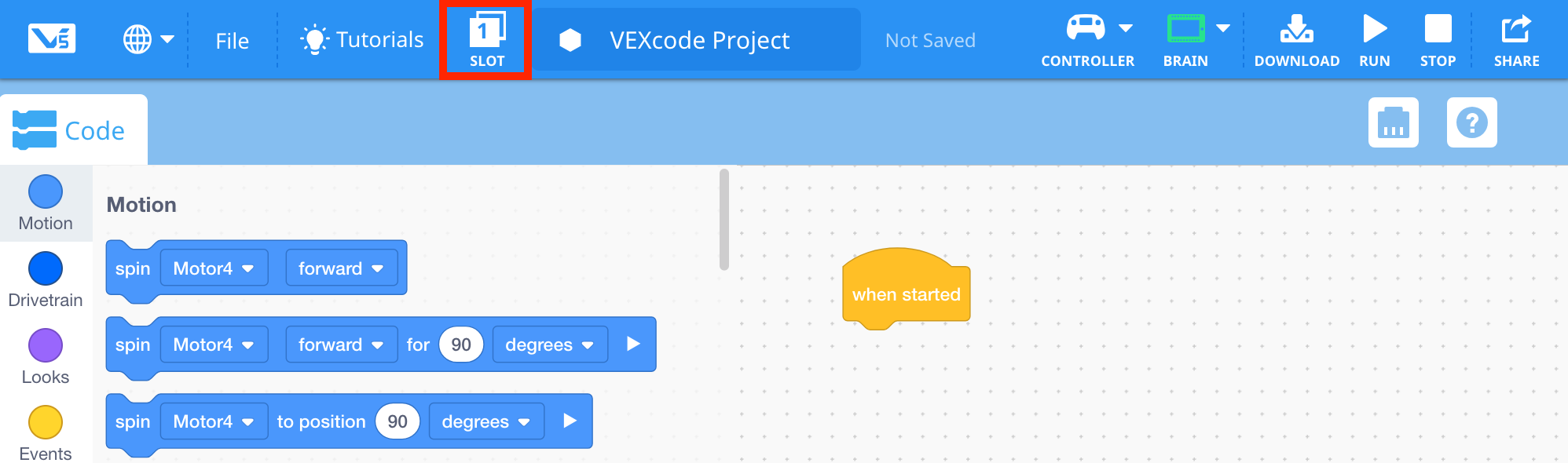 Screenshot der V5 Blocks-Tutorialoberfläche, die verschiedene Programmierblöcke und Optionen zum Codieren von VEX-Robotik zeigt. Das Layout enthält Blöcke für Bewegung, Steuerung und Sensoren und veranschaulicht visuell, wie ein Programm erstellt wird.