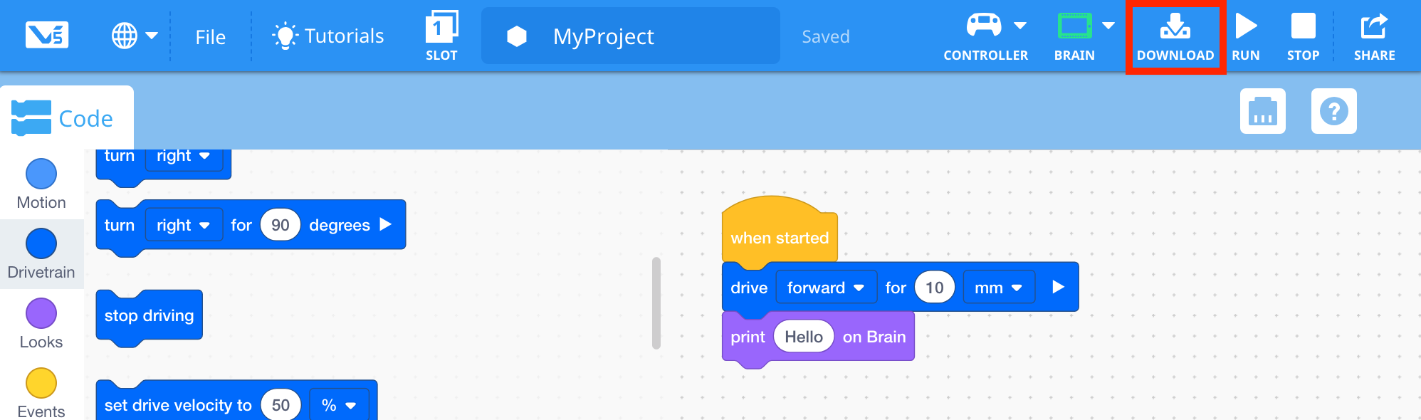 Captura de tela da interface de programação do V5 Blocks mostrando vários blocos de codificação e sua disposição, ilustrando o conteúdo do tutorial para a Descrição da Categoria V5 em Tutoriais de Blocos.