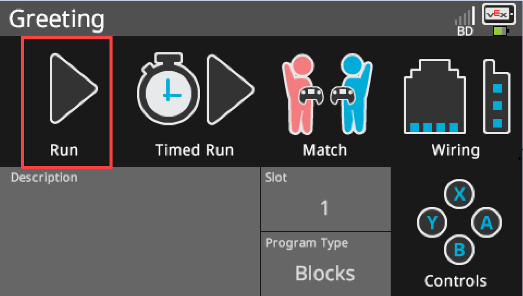 Snímek obrazovky programovacího rozhraní VEX V5 Blocks, který zobrazuje ukázkovou strukturu kódu pro vzdělávací účely ve výukovém programu o použití bloků pro programování robotiky.