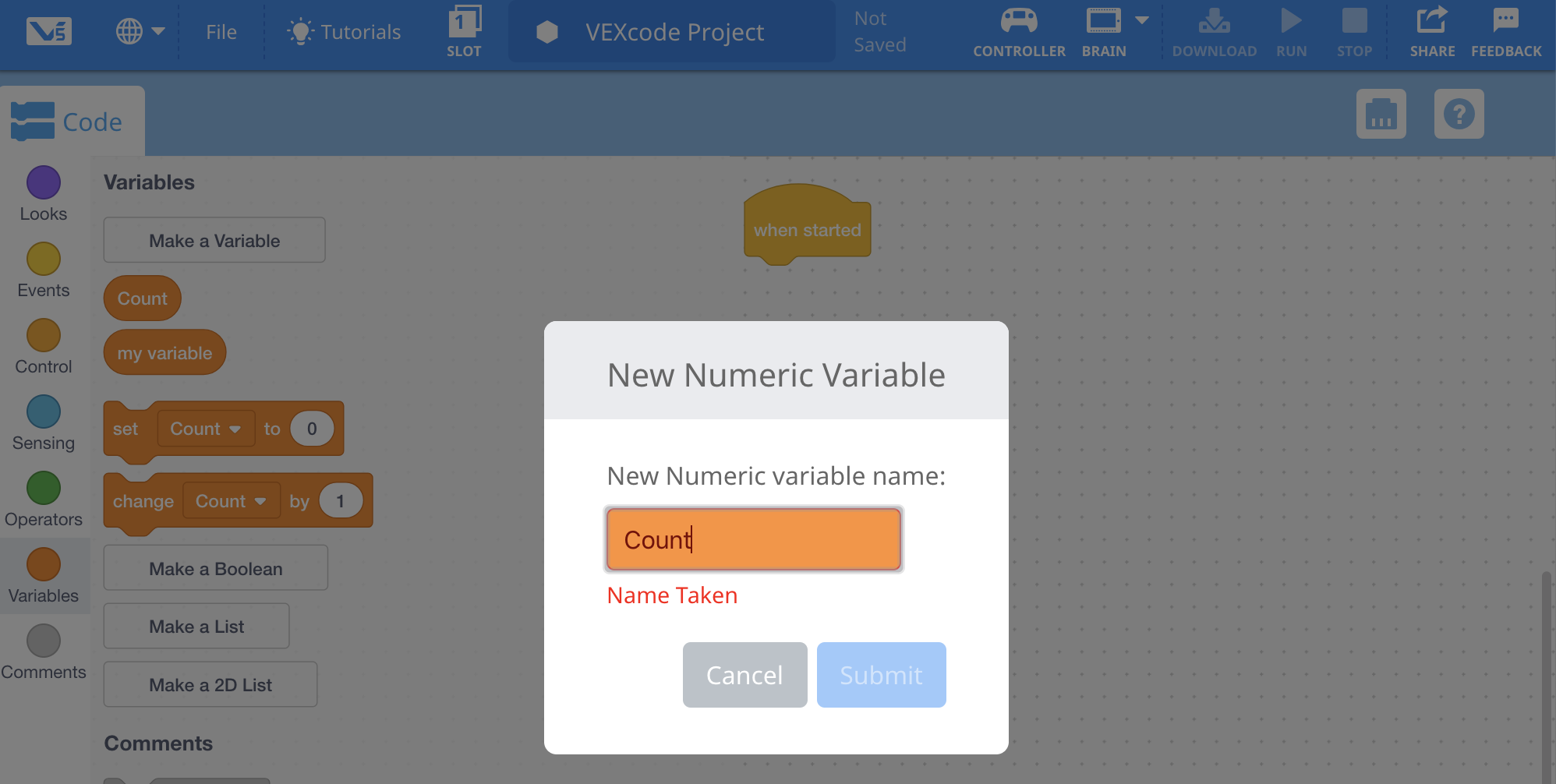 Screenshot dell'interfaccia del tutorial V5 Blocks che mostra vari blocchi di programmazione e opzioni per la creazione di codice robot, illustrando il layout e le caratteristiche dell'ambiente di programmazione V5.