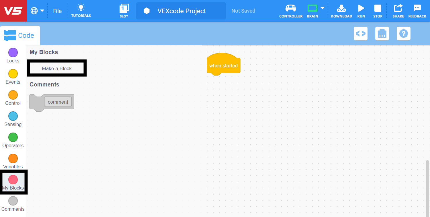 Tangkapan layar antarmuka pemilihan Blok Saya di perangkat lunak VEX V5, yang mengilustrasikan opsi untuk membuat blok khusus di bagian Tutorial Blok.