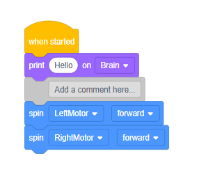 Captura de tela de uma interface de programação de blocos VEX V5, mostrando vários blocos de codificação e opções para criar programas, usados no contexto da descrição da categoria V5 e tutoriais de blocos.