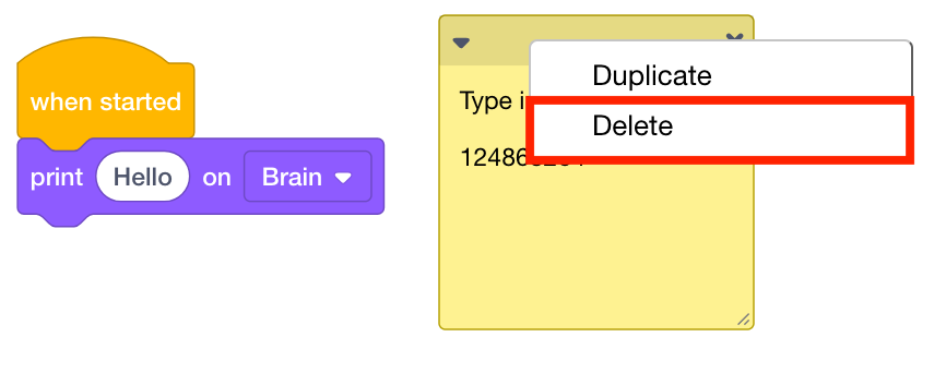 ภาพหน้าจอของเมนู Delete ใน Vex V5 แสดงตัวเลือกสำหรับการลบบล็อกในอินเทอร์เฟซการเขียนโปรแกรม ซึ่งเกี่ยวข้องกับบทช่วยสอนเกี่ยวกับบล็อก