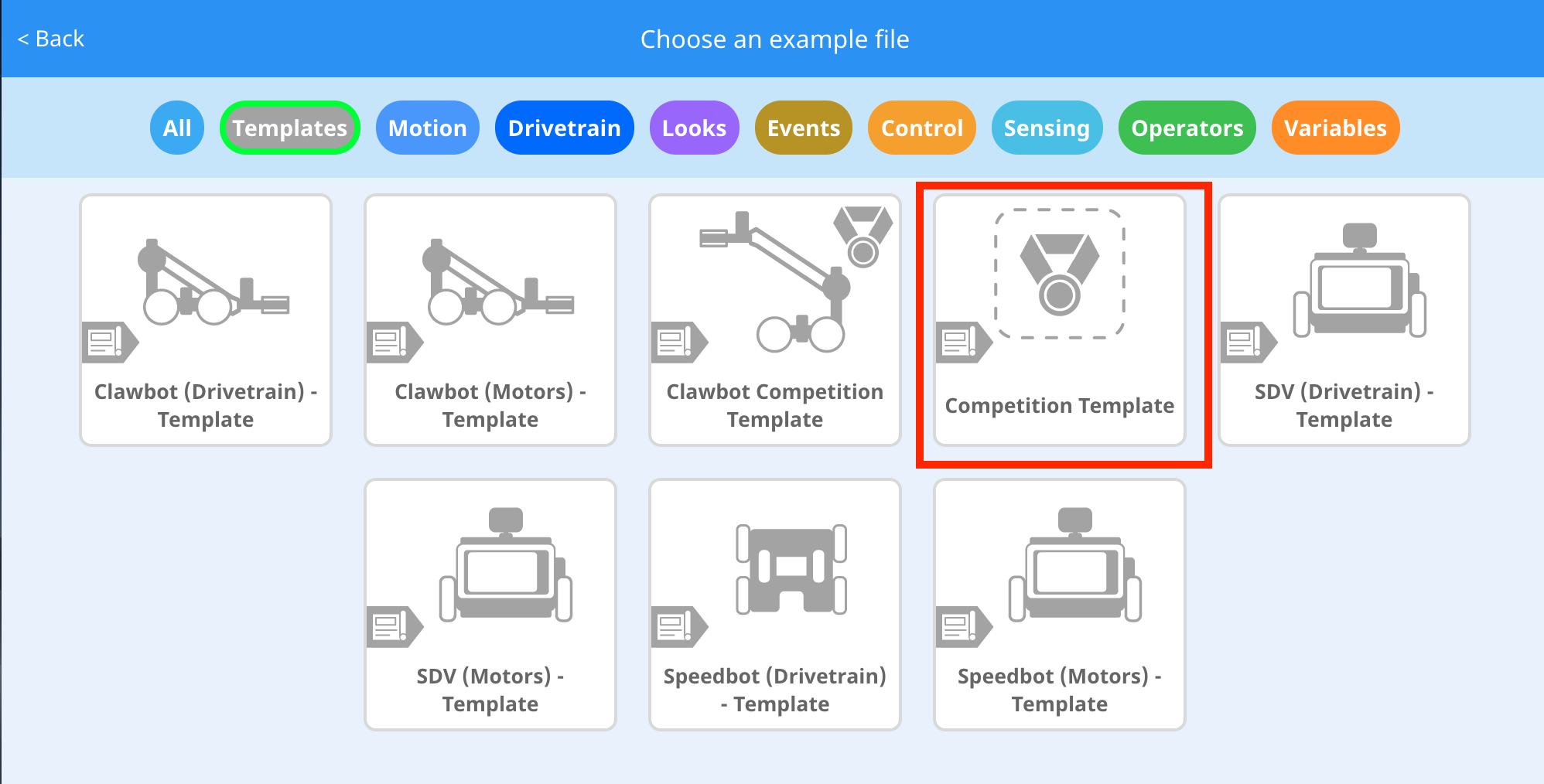 Tangkapan layar antarmuka pemrograman VEX V5 Blocks, yang menampilkan berbagai blok pemrograman dan pengaturannya untuk tutorial pendidikan.