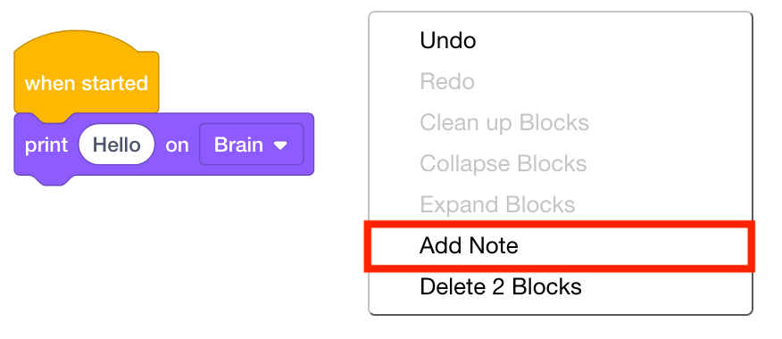 Capture d'écran de la fonctionnalité « Ajouter une note » dans les blocs VEX V5, montrant comment créer et joindre des notes dans un projet de programmation.