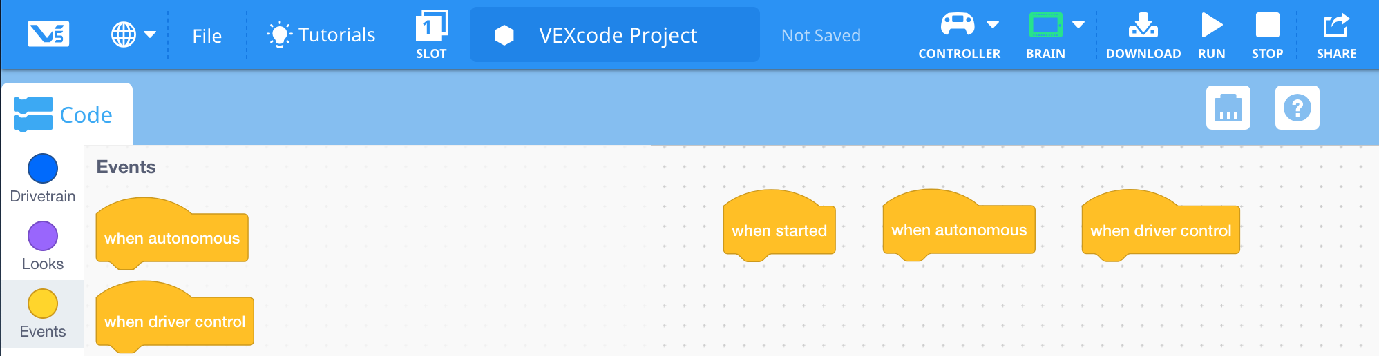 Vex V5 블록 프로그래밍 인터페이스의 스크린샷으로, 튜토리얼 목적으로 다양한 프로그래밍 블록과 그 배열을 보여줍니다.