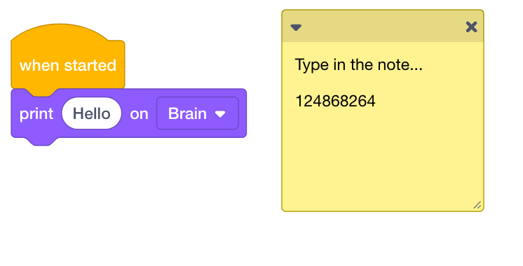 Captura de pantalla de un bloque de entrada de texto en la interfaz de programación VEX V5, que muestra cómo agregar y configurar texto para los tutoriales de programación.