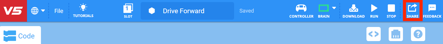 V5 Share Button -kuvake, jossa on tyylitelty nuoli ja pyöreä kuvio, jota käytetään sisällön jakamiseen V5 Blocks -opetusohjelmissa.