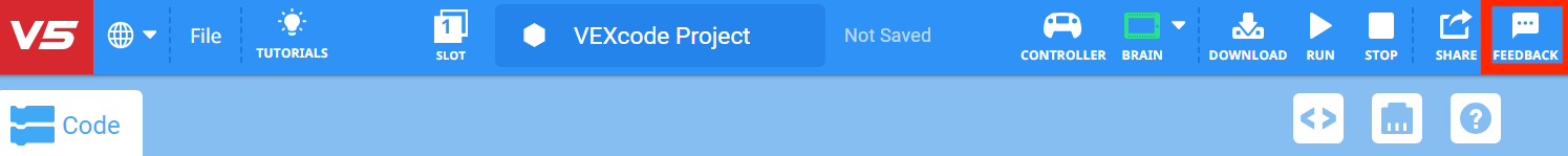 Captura de pantalla de la interfaz de retroalimentación V5, que muestra varias opciones de bloques y configuraciones para la programación en el sistema de robótica VEX V5, como parte de la sección Tutoriales de bloques en la Descripción de la categoría V5.