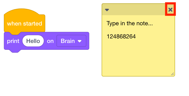 Captura de pantalla de la interfaz del botón 'Eliminar nota' en los tutoriales de V5 Blocks, que ilustra cómo eliminar una nota dentro de la aplicación.