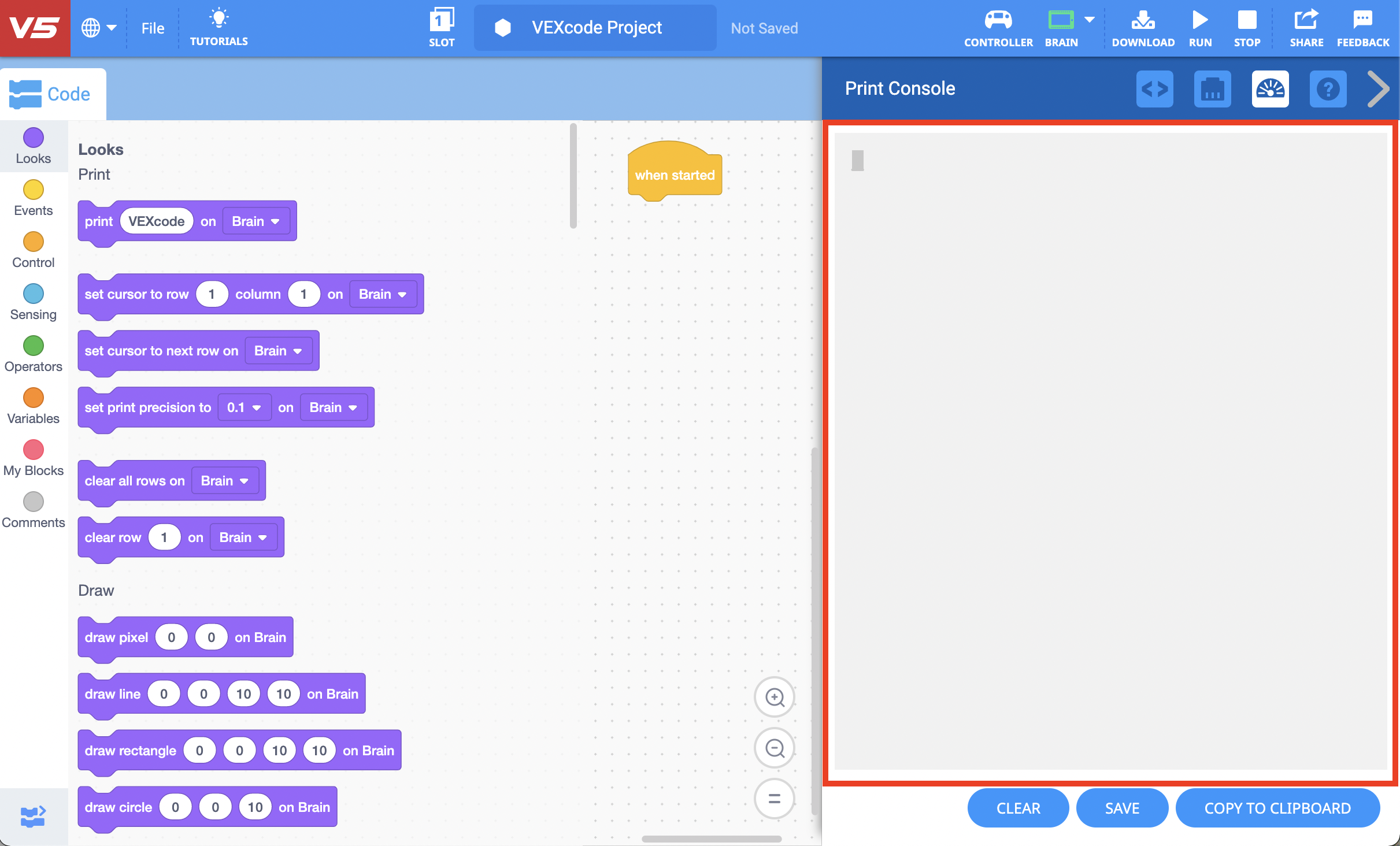 Captura de pantalla de la interfaz de la consola de impresión VEX V5, que muestra varios bloques y opciones de programación en el contexto de los tutoriales de bloques.