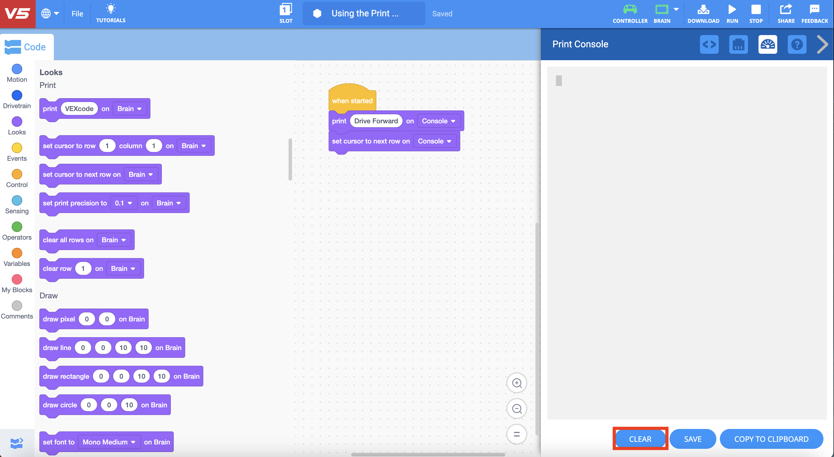 Aiškus blokų projektavimo pavyzdys iš V5 Blocks Tutorials, kuriame pateikiamas paprastas ir aiškus išdėstymas, kad vartotojai suprastų bloko funkcionalumą Vex platformoje.