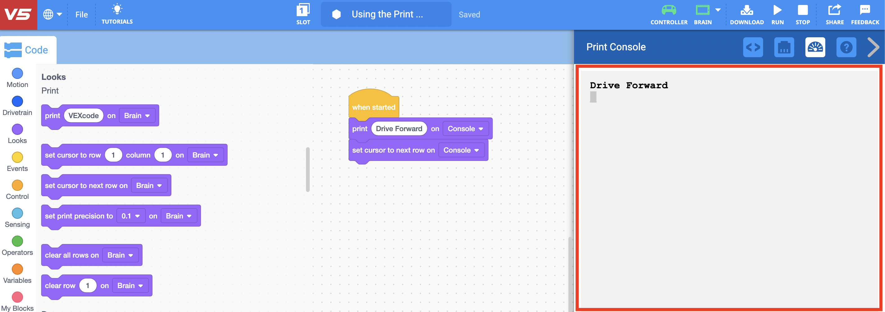 Tangkapan layar deskripsi kategori VEX V5 yang dicetak, mengilustrasikan berbagai blok yang digunakan dalam tutorial pemrograman, memamerkan tata letak dan contoh yang relevan dengan pendidikan robotika VEX.