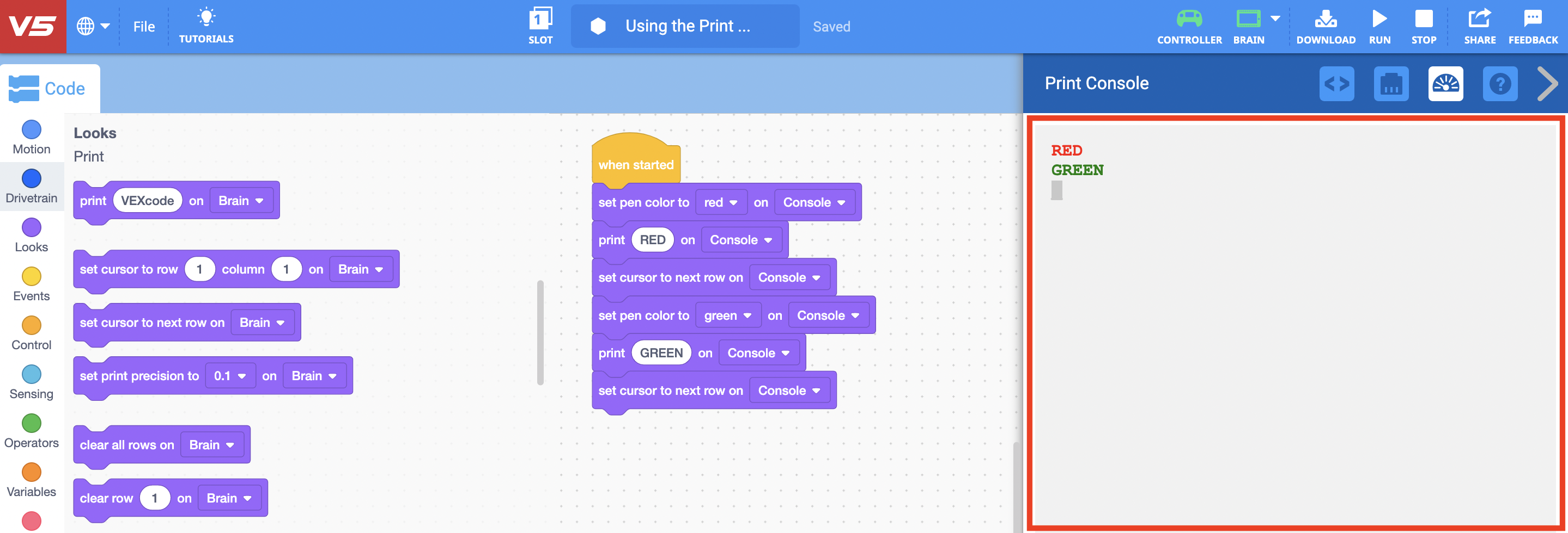 Diagram proyek berwarna yang mengilustrasikan berbagai blok dan fungsinya dalam robotika V5, digunakan di bagian Tutorial Blok dari Deskripsi Kategori V5.