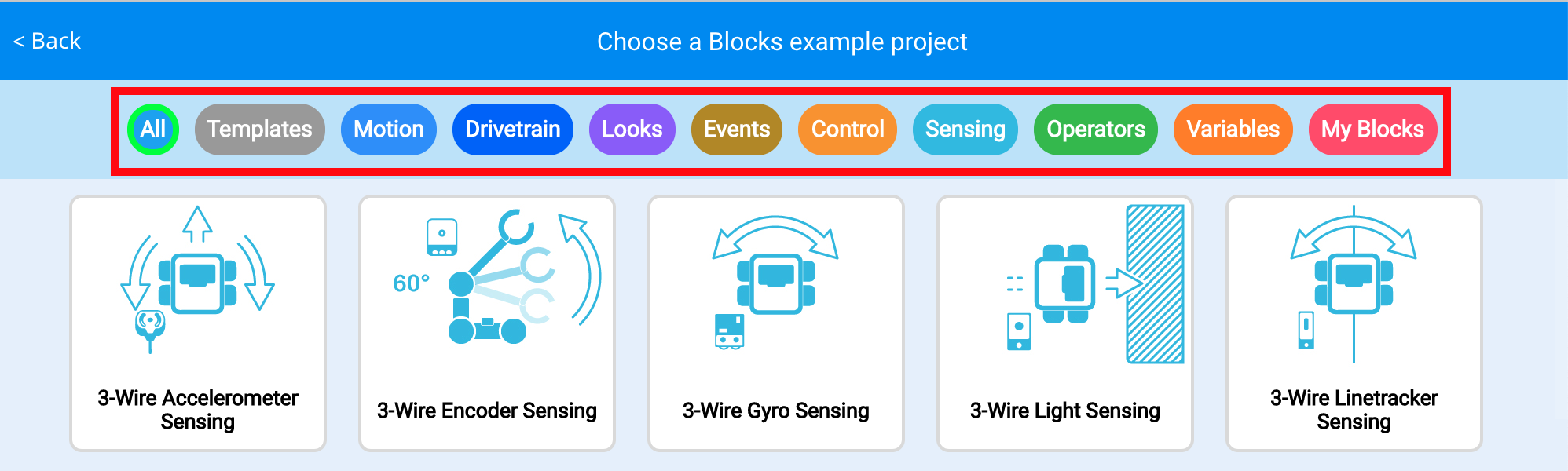 Schermafbeelding van de filterbalkinterface in de V5 Blocks Tutorials van Vex, met opties voor het selecteren en beheren van blokken in de programmeeromgeving.