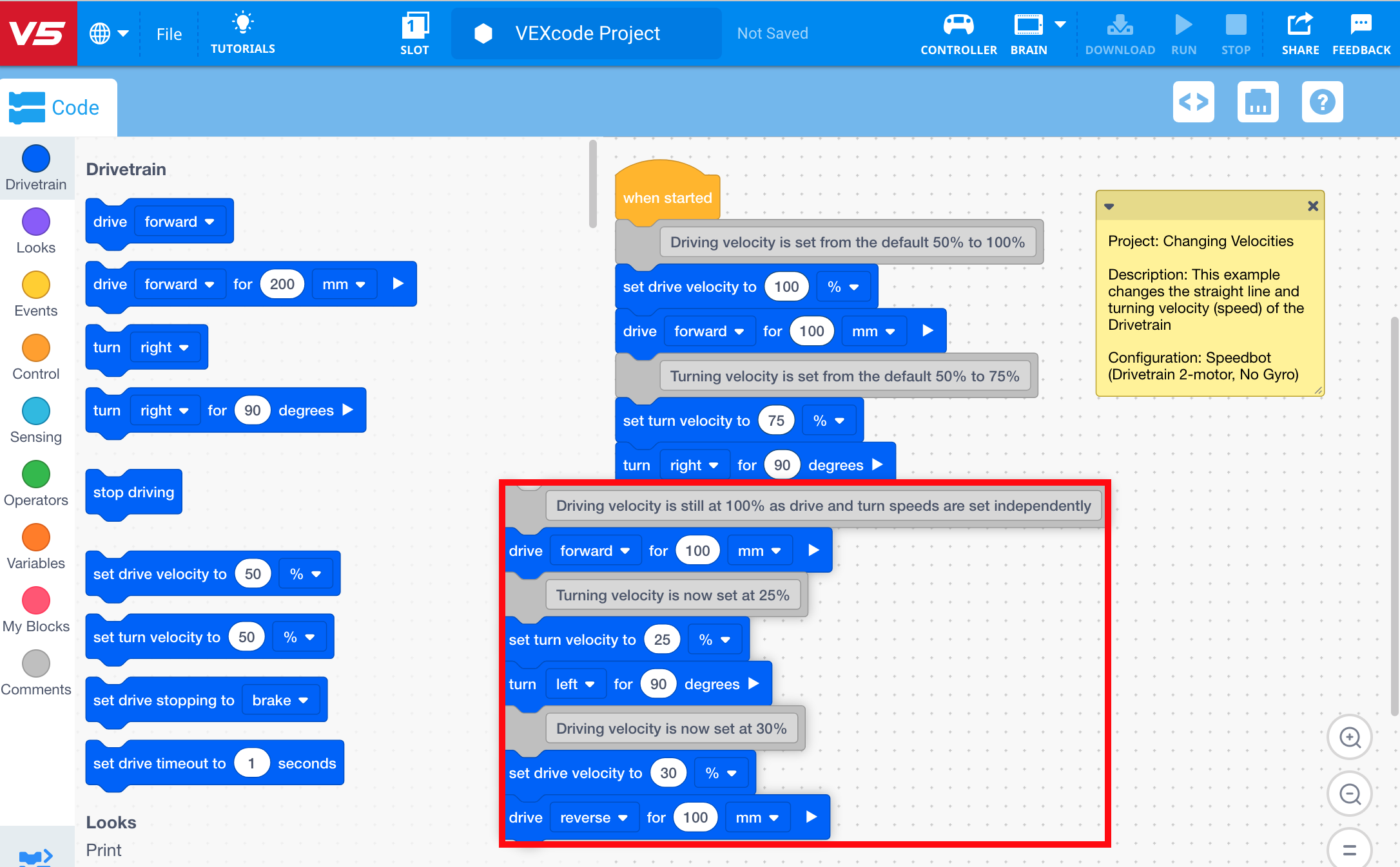 Captura de pantalla que muestra el proceso de eliminación de bloques en la programación V5, ilustrando la interfaz de usuario y las opciones disponibles para la gestión de bloques en la sección del tutorial.