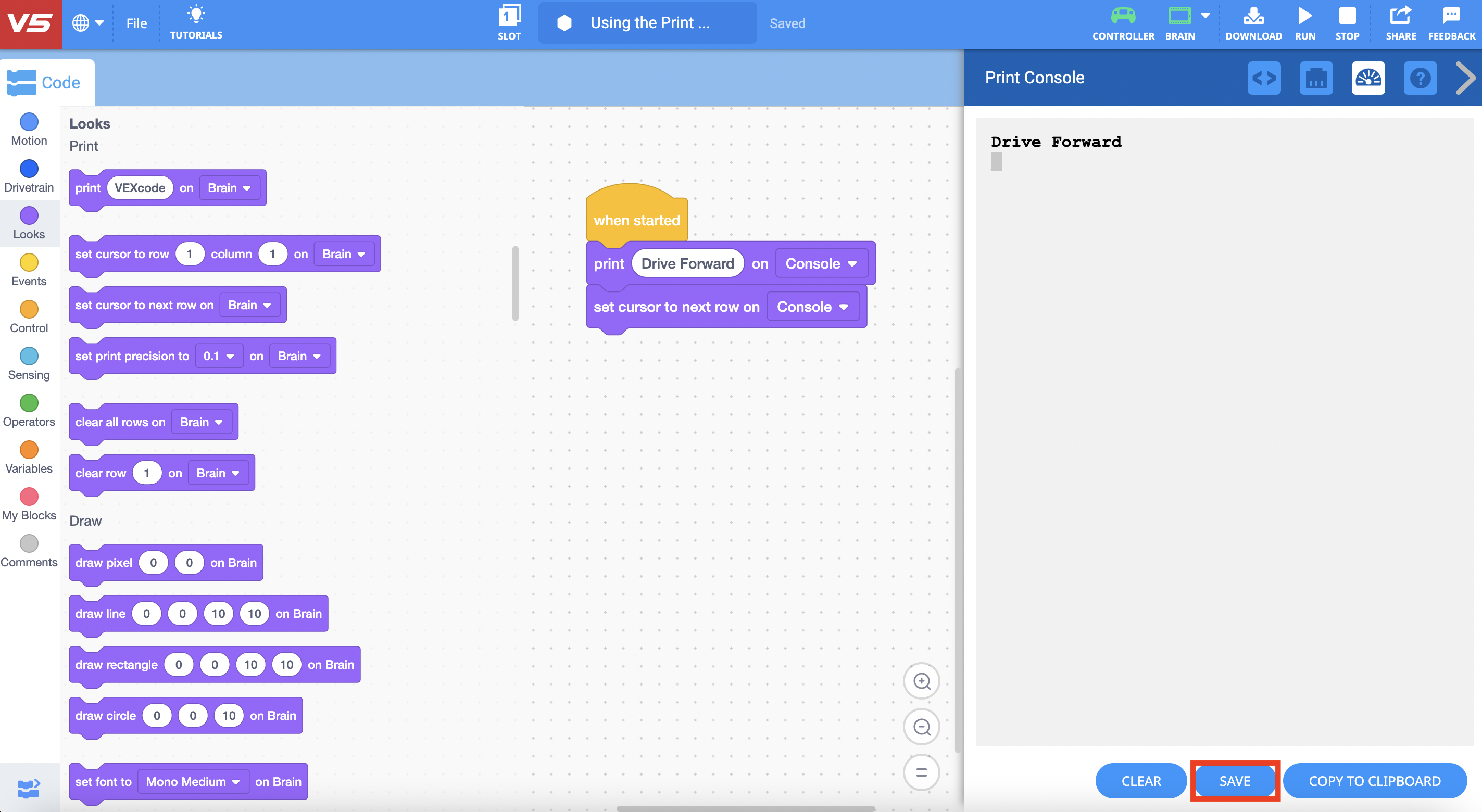 Captura de tela de um botão salvar no VEXcode V5, ilustrando o processo de salvar um projeto no ambiente de programação Blocks, como parte da Descrição da Categoria V5 e Tutoriais de Blocos.