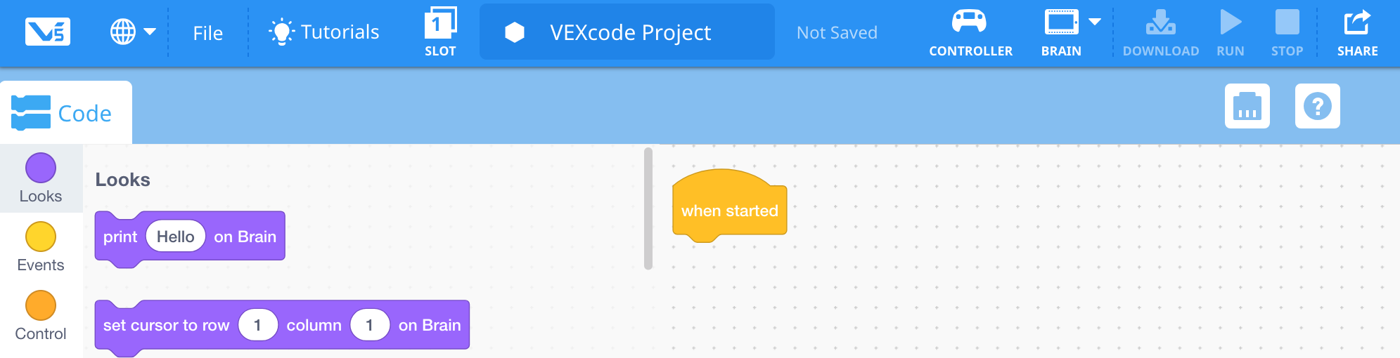 Screenshot van de VEX V5 Blocks-programmeerinterface met verschillende programmeerblokken en opties voor het maken van robotfuncties in het gedeelte Blocks Tutorials.
