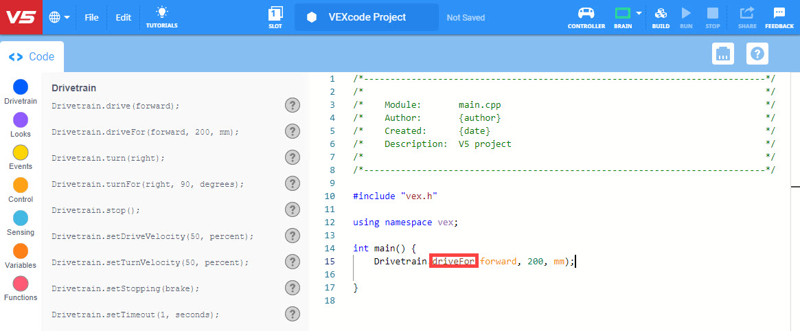 Tangkapan layar tutorial C++ dari VEX Robotics, menampilkan potongan kode dan penjelasan terkait pemrograman V5, menyoroti konsep dan contoh utama bagi pengguna yang belajar membuat kode dengan VEX V5.