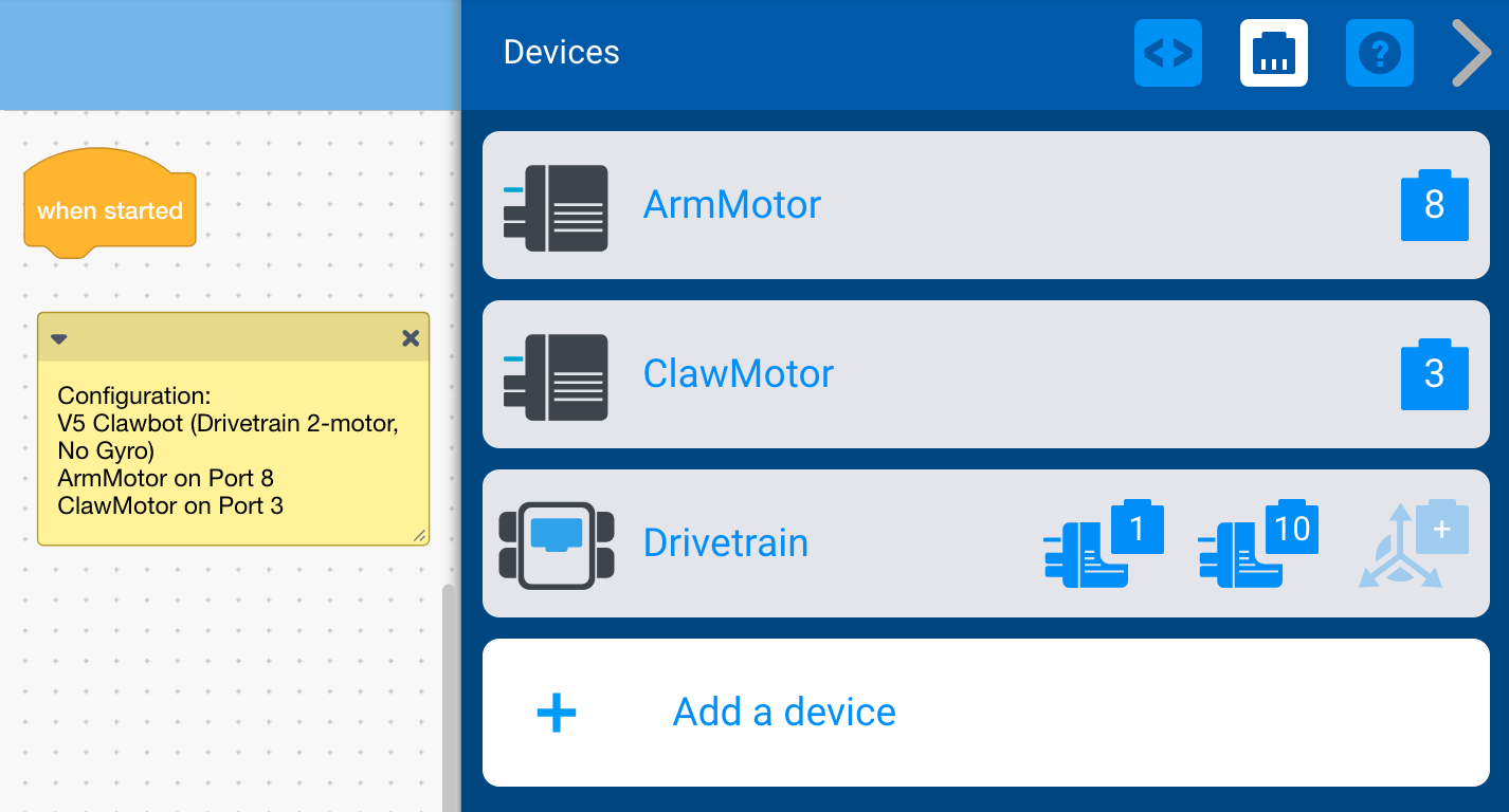 Captura de tela da interface de configuração do dispositivo VEX V5, mostrando várias opções de configuração e definições para blocos de programação na seção Tutoriais de Blocos.