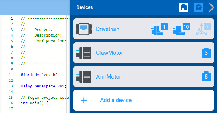 Tangkapan layar antarmuka tutorial C++ di VEX Robotics, menampilkan contoh kode dan fitur pemrograman untuk robot V5, dengan fokus pada sumber daya pendidikan dan panduan pengguna.