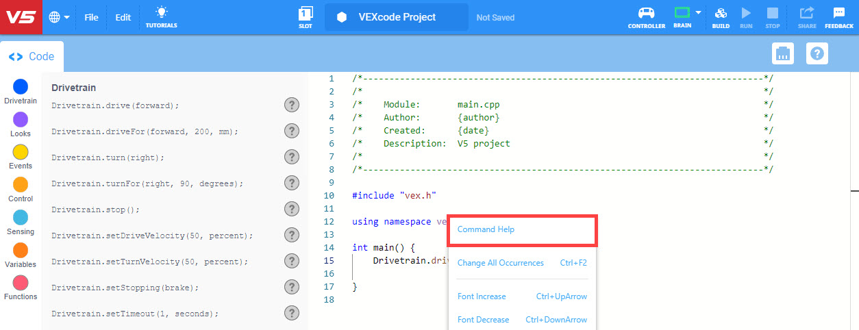 VEX Robotics의 C++ 튜토리얼 스크린샷. V5 범주와 관련된 코드 예제와 설명을 선보이며, 사용자를 위한 주요 프로그래밍 개념을 강조합니다.