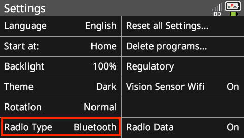 Type de radio Bluetooth pour le système robotique VEX V5, illustrant la conception de l'appareil et les fonctionnalités de connexion pour l'intégration avec le V5 Brain.