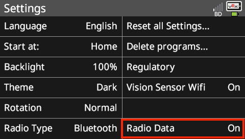 Diagramma, kurā parādīti radio datu iestatījumi VEX V5 Brain, ilustrējot, kā savienot smadzenes ar radio moduli saziņai.
