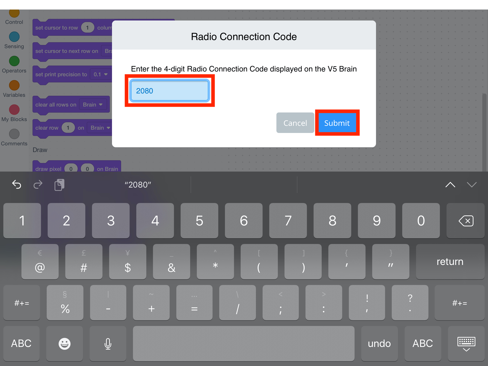 Image montrant le processus de soumission d'un code de connexion radio pour les robots V5, illustrant les étapes de connexion au composant cérébral.