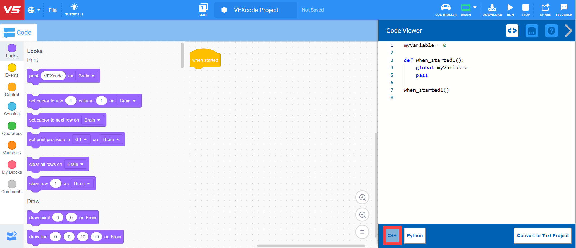 Tangkapan layar tutorial C++ dari VEX Robotics yang menunjukkan contoh kode dan penjelasan terkait pemrograman V5, menyoroti konsep dan fitur utama bagi pengguna yang belajar memprogram robot VEX V5.