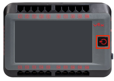 Illustrazione del pulsante di accensione del V5 Brain, che mostra la posizione e il design del pulsante di accensione sul V5 Brain, utilizzato per la connessione al sistema V5.
