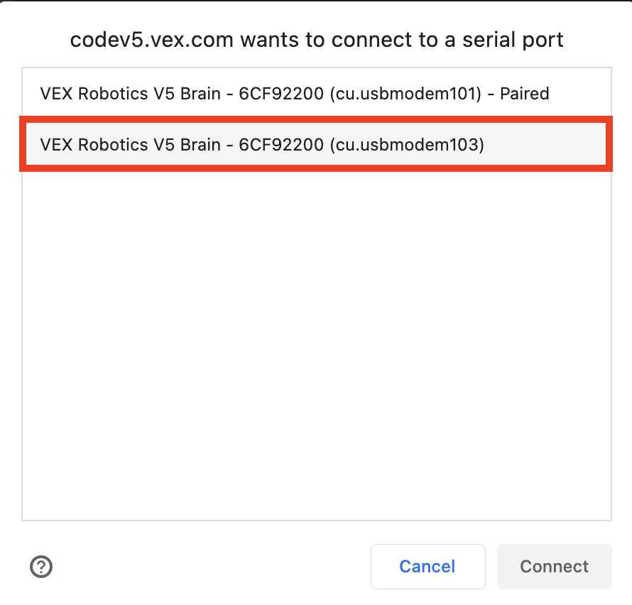 V5 Brain への接続プロセスを示す図。最適なセットアップと機能性のためにラベル付けされたコンポーネントと接続ポートを備えています。